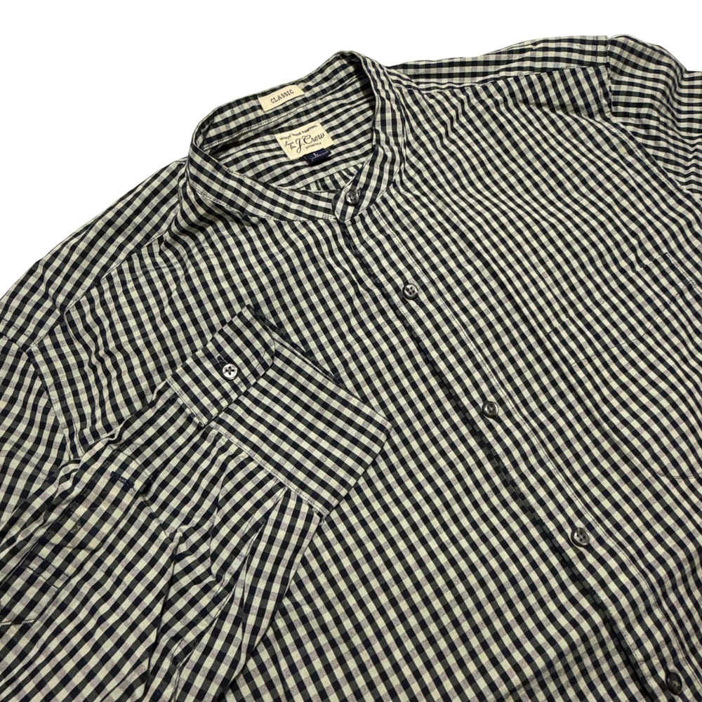 J.Crew Mens Large Classic Fit Band Collar Gingham Secret Wash Stretch Shirt Navy